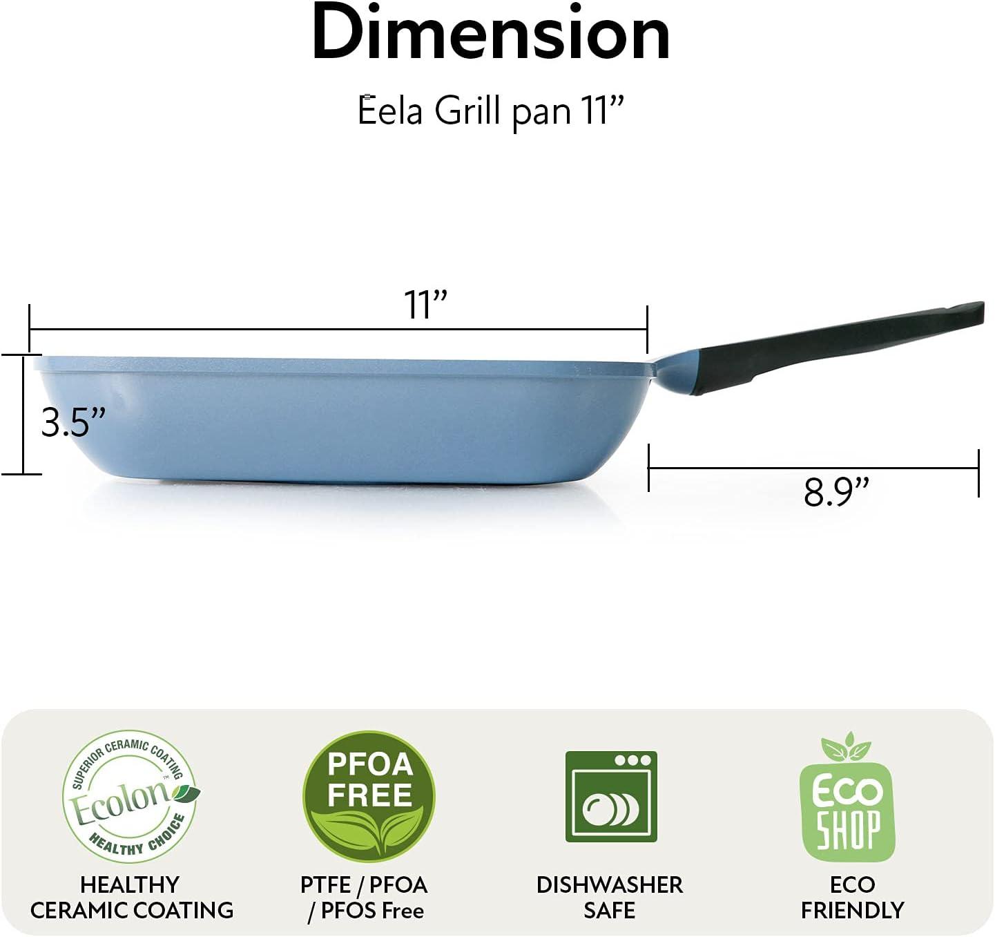 image:imageNeoflam Eela 11 Non Stick Grill Pan Griddle Square Stovetop Grill with Sear Ridges PFOA Free Ecolon Ceramic Coating for Skillet broil Fish Vegetables and Meat Scratch Resistant GreenDeep Blue