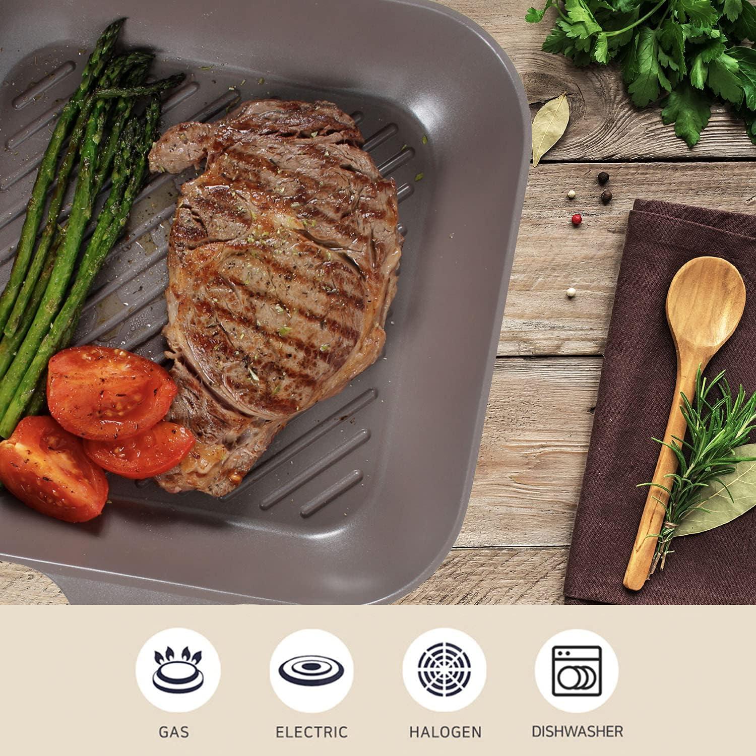 image:imageNeoflam Eela 11 Non Stick Grill Pan Griddle Square Stovetop Grill with Sear Ridges PFOA Free Ecolon Ceramic Coating for Skillet broil Fish Vegetables and Meat Scratch Resistant GreenOrangeBrown