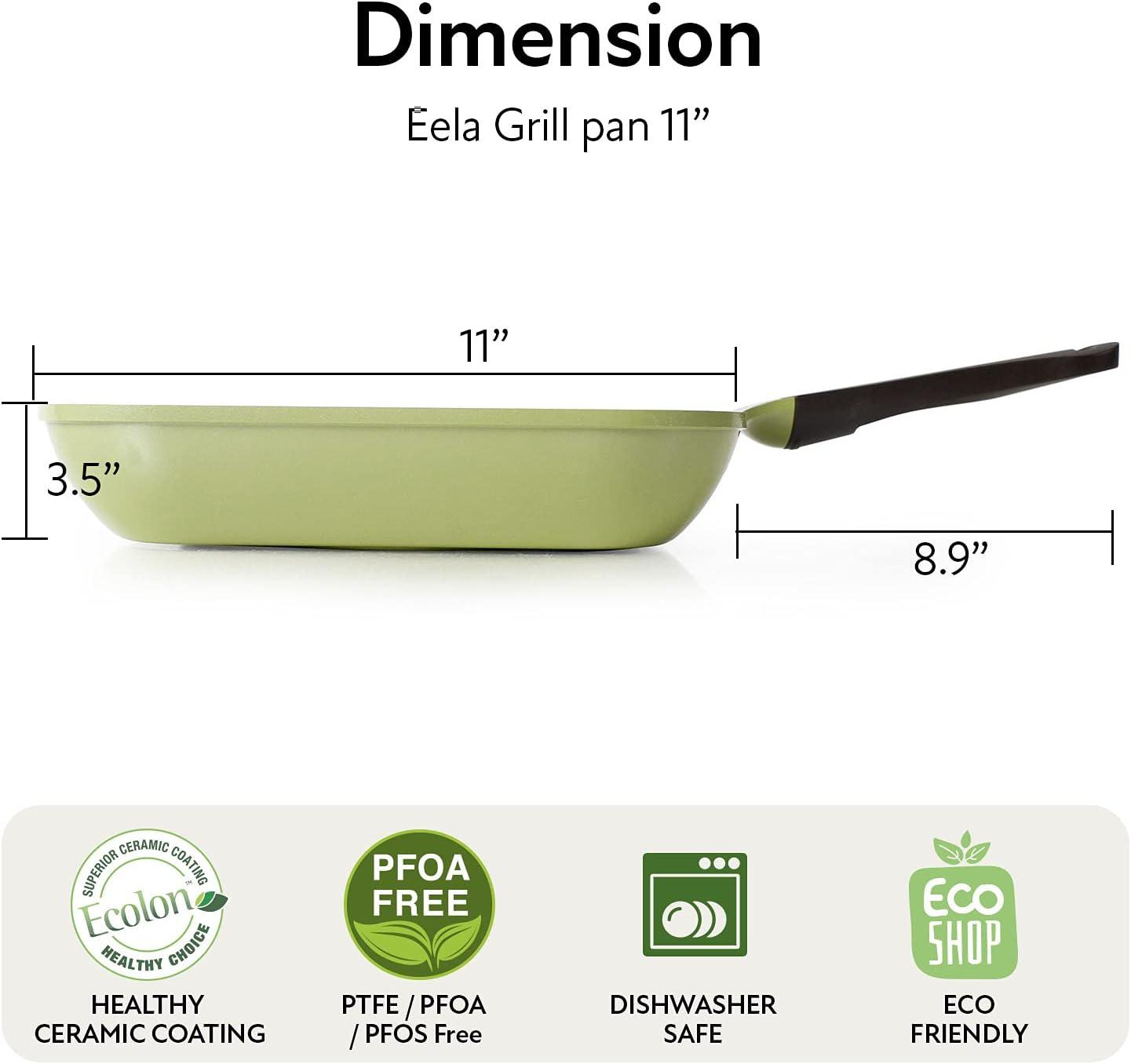 image:imageNeoflam Eela 11 Non Stick Grill Pan Griddle Square Stovetop Grill with Sear Ridges PFOA Free Ecolon Ceramic Coating for Skillet broil Fish Vegetables and Meat Scratch Resistant GreenOlive Green