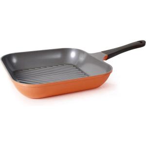 Neoflam Eela 11” Non Stick Grill Pan Griddle Square Stovetop Grill with Sear Ridges, PFOA Free Ecolon Ceramic Coating for Skillet, broil, Fish, Vegetables and Meat, Scratch Resistant, Green(Orange/Brown)