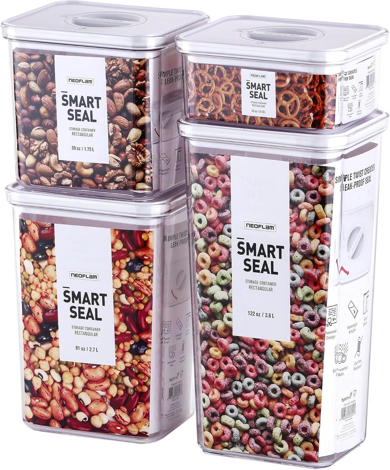 image:imageNeoflam Smart Seal 4pc Rectangular Extra Large Airtight Kitchen Pantry CanisterOrganizer Clear Plastic Storage Container Set Simple Twist Lid 100 Leak Proof Dishwasher Safe BPA Free WhiteWhite Lid