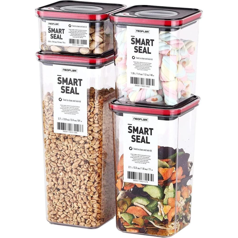 image:imageNeoflam Smart Seal 4pc Rectangular Extra Large Airtight Kitchen Pantry CanisterOrganizer Clear Plastic Storage Container Set Simple Twist Lid 100 Leak Proof Dishwasher Safe BPA Free WhiteBlackRed Lid