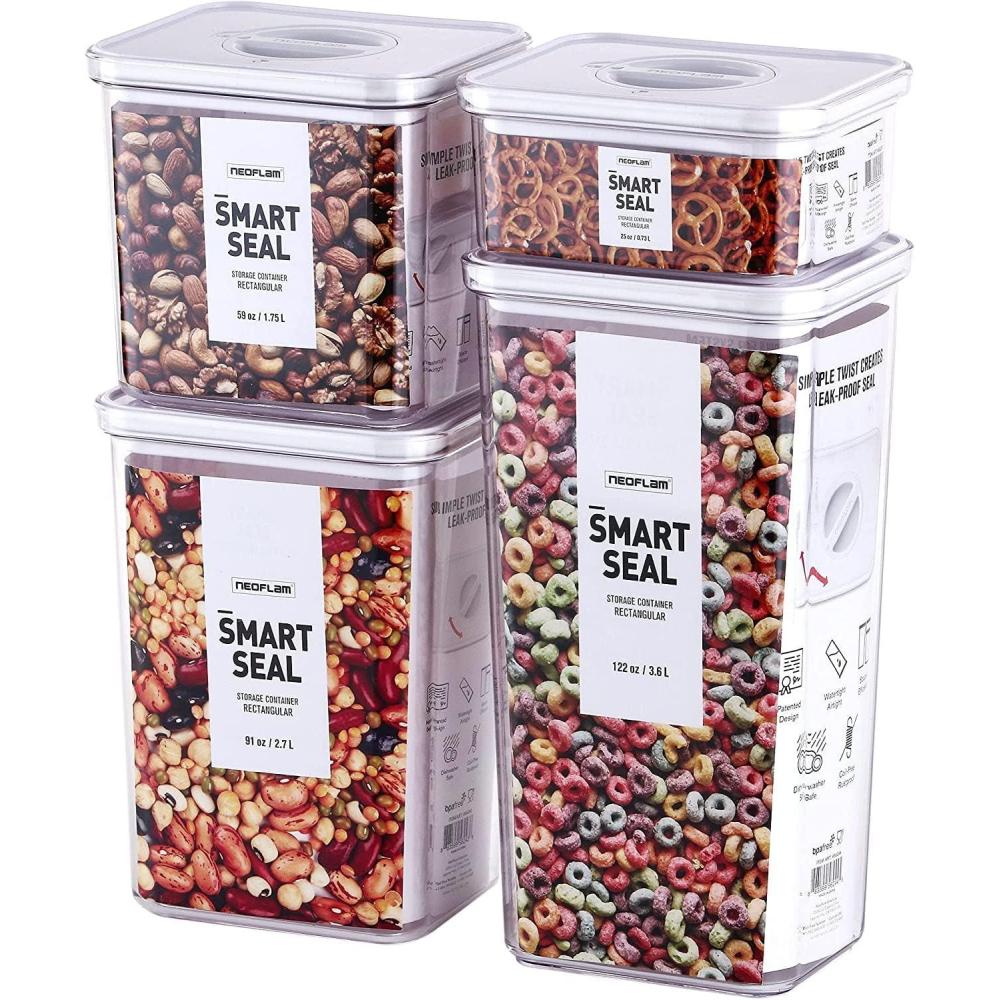 image:imageNeoflam Smart Seal 4pc Rectangular Extra Large Airtight Kitchen Pantry CanisterOrganizer Clear Plastic Storage Container Set Simple Twist Lid 100 Leak Proof Dishwasher Safe BPA Free WhiteWhite Lid