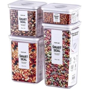 Neoflam Smart Seal 4pc Rectangular Extra Large Airtight Kitchen Pantry Canister/Organizer Clear Plastic Storage Container Set, Simple Twist Lid, 100% Leak Proof, Dishwasher Safe, BPA Free, White(White Lid)
