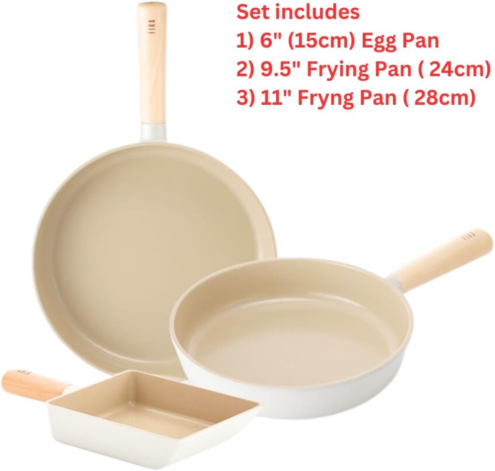 image:imageFIKA Kitchen Essential 3Piece Stir Frying Pan Set with Wood Handle Healthy Cooking Nonstick Ceramic Coating Skillet Tamagoyaki Omelet Pan Induction Compatible Cookware Made in Korea