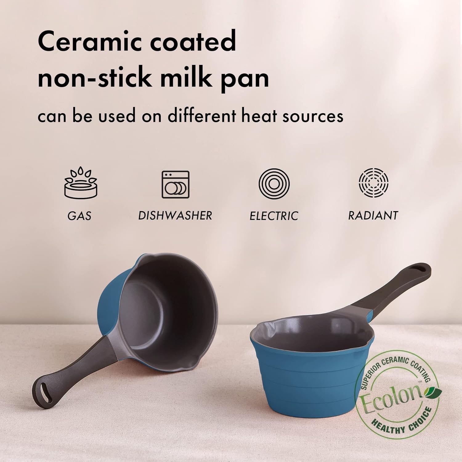 image:imageNeoflam 1qt Saucepan Butter Warmer Milk BoilingMelting Pot Ecolon Healthy Ceramic Nonstick Coating PFOAfree 2 Pour Spouts Dishwasher Safe Blue