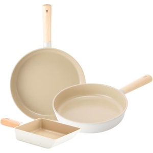 FIKA Kitchen Essential 3-Piece Stir Frying Pan Set with Wood Handle, Healthy Cooking Nonstick Ceramic Coating Skillet, Tamagoyaki Omelet Pan, Induction Compatible Cookware, Made in Korea