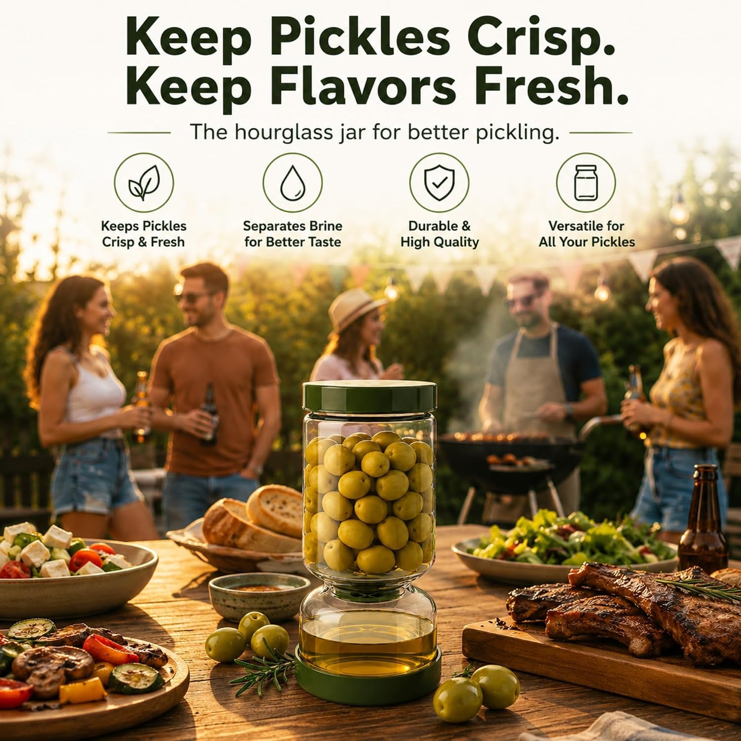 image:imageNeoflam Pickle Jar with Flip Strainer 37 oz Glass Pickle Container for Olives Jalapeos amp Kimchi Hourglass Juice Separator Airtight LeakProof Food Storage BPAFree Wide Mouth Jar