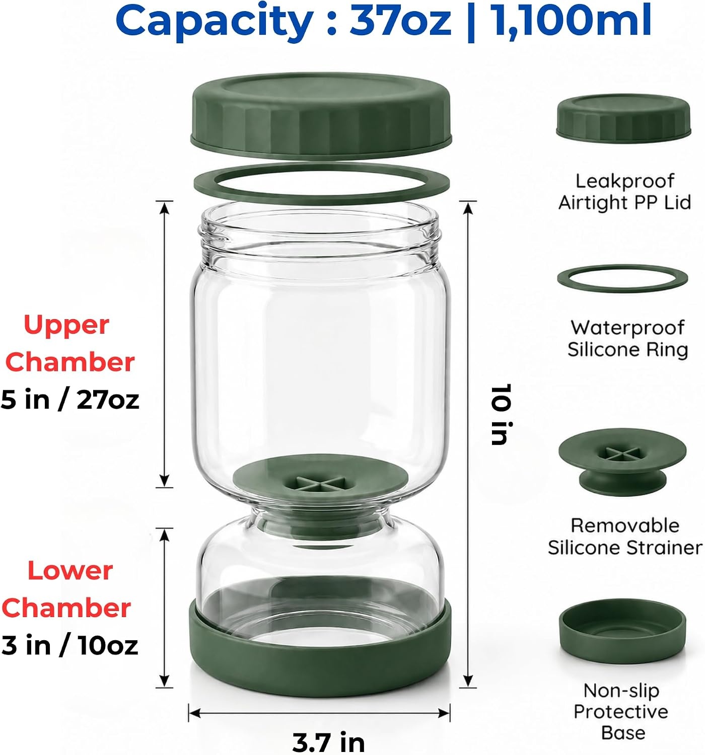image:imageNeoflam Pickle Jar with Flip Strainer 37 oz Glass Pickle Container for Olives Jalapeos amp Kimchi Hourglass Juice Separator Airtight LeakProof Food Storage BPAFree Wide Mouth Jar