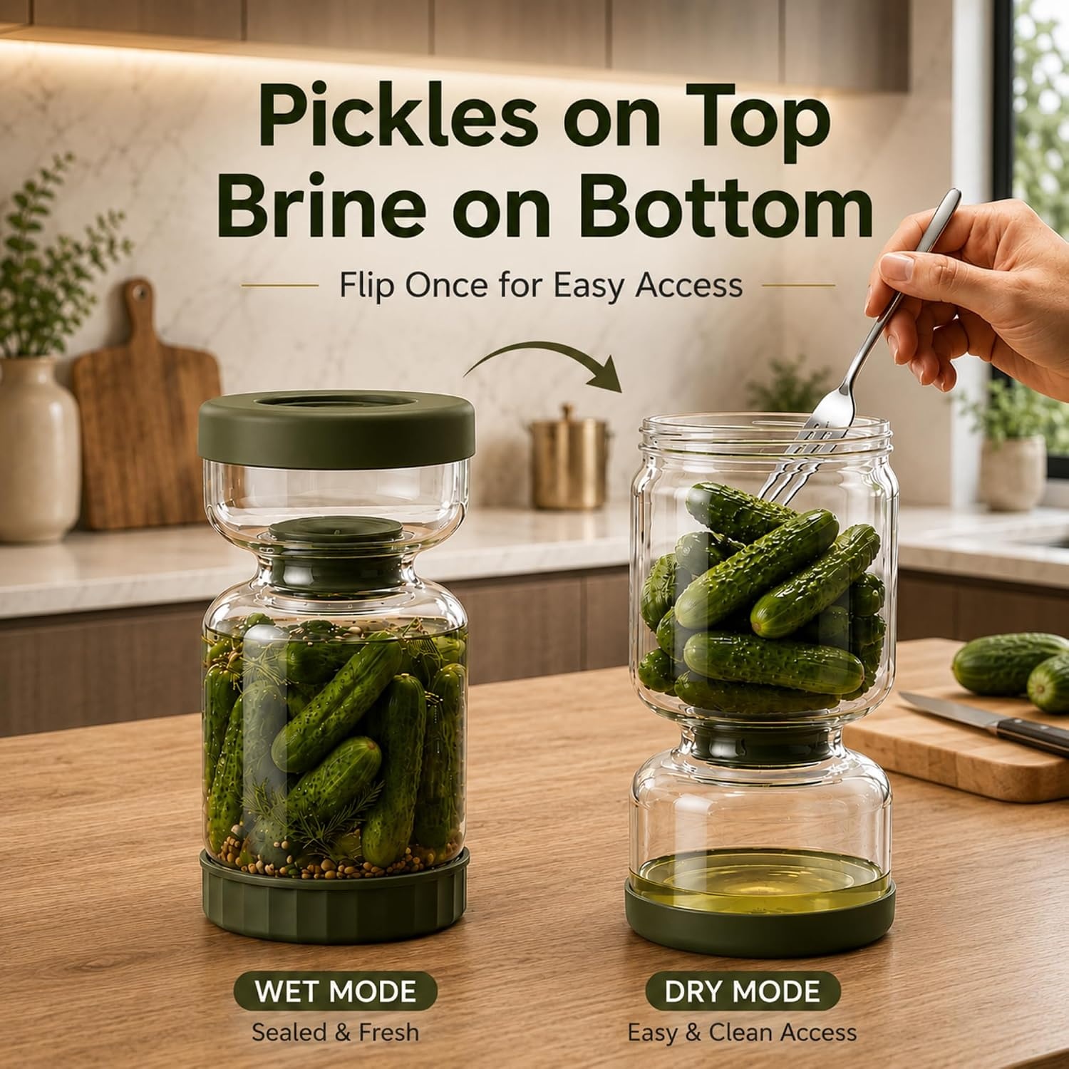 image:imageNeoflam Pickle Jar with Flip Strainer 37 oz Glass Pickle Container for Olives Jalapeos amp Kimchi Hourglass Juice Separator Airtight LeakProof Food Storage BPAFree Wide Mouth Jar