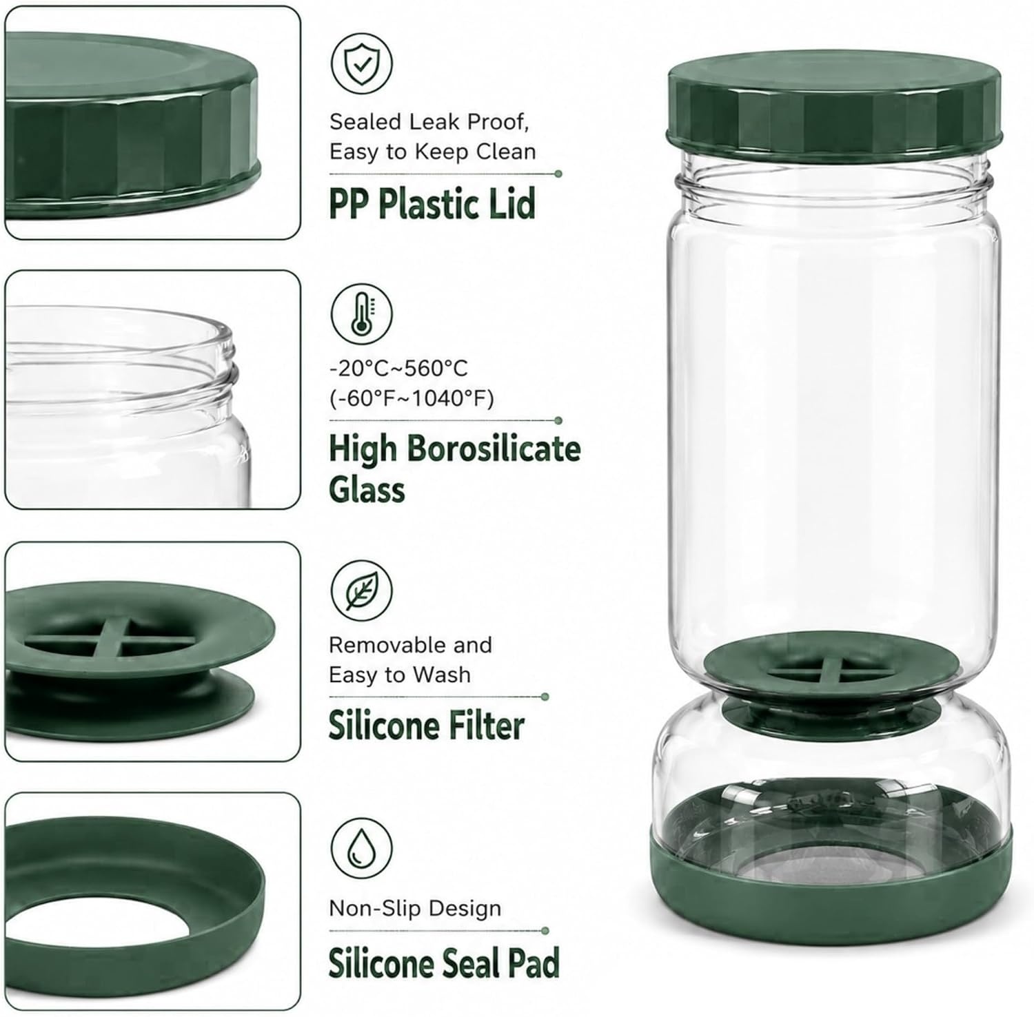 image:imageNeoflam Pickle Jar with Flip Strainer 37 oz Glass Pickle Container for Olives Jalapeos amp Kimchi Hourglass Juice Separator Airtight LeakProof Food Storage BPAFree Wide Mouth Jar