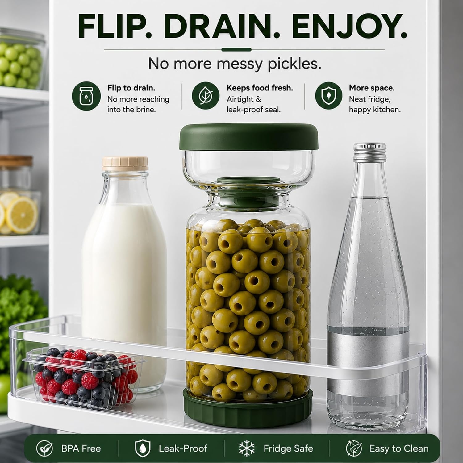 image:imageNeoflam Pickle Jar with Flip Strainer 37 oz Glass Pickle Container for Olives Jalapeos amp Kimchi Hourglass Juice Separator Airtight LeakProof Food Storage BPAFree Wide Mouth Jar