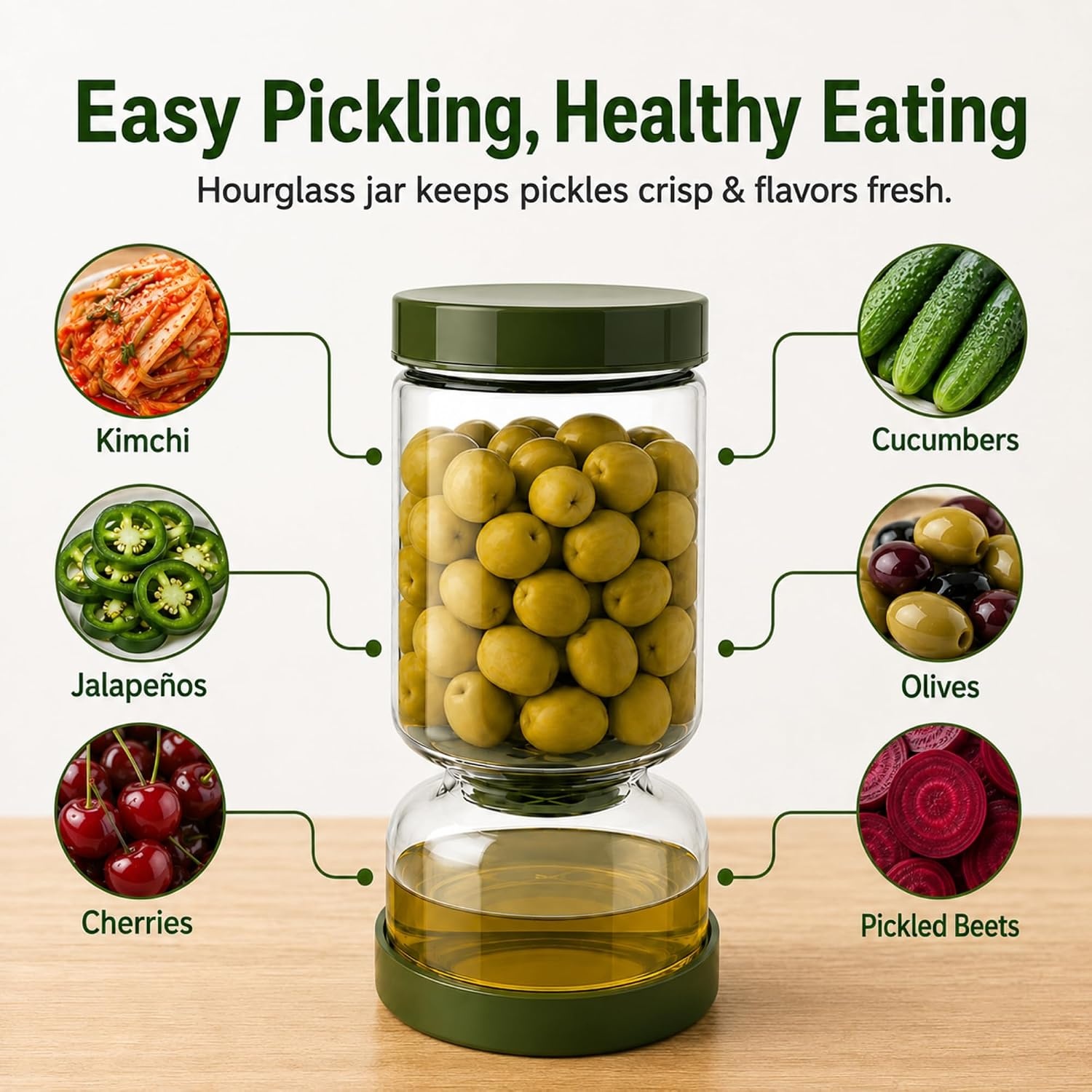 image:imageNeoflam Pickle Jar with Flip Strainer 37 oz Glass Pickle Container for Olives Jalapeos amp Kimchi Hourglass Juice Separator Airtight LeakProof Food Storage BPAFree Wide Mouth Jar